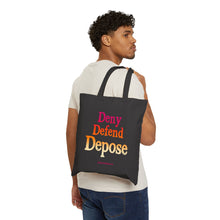 Load image into Gallery viewer, Deny Defend Depose Black Canvas Tote Bag (pink orange gradient)
