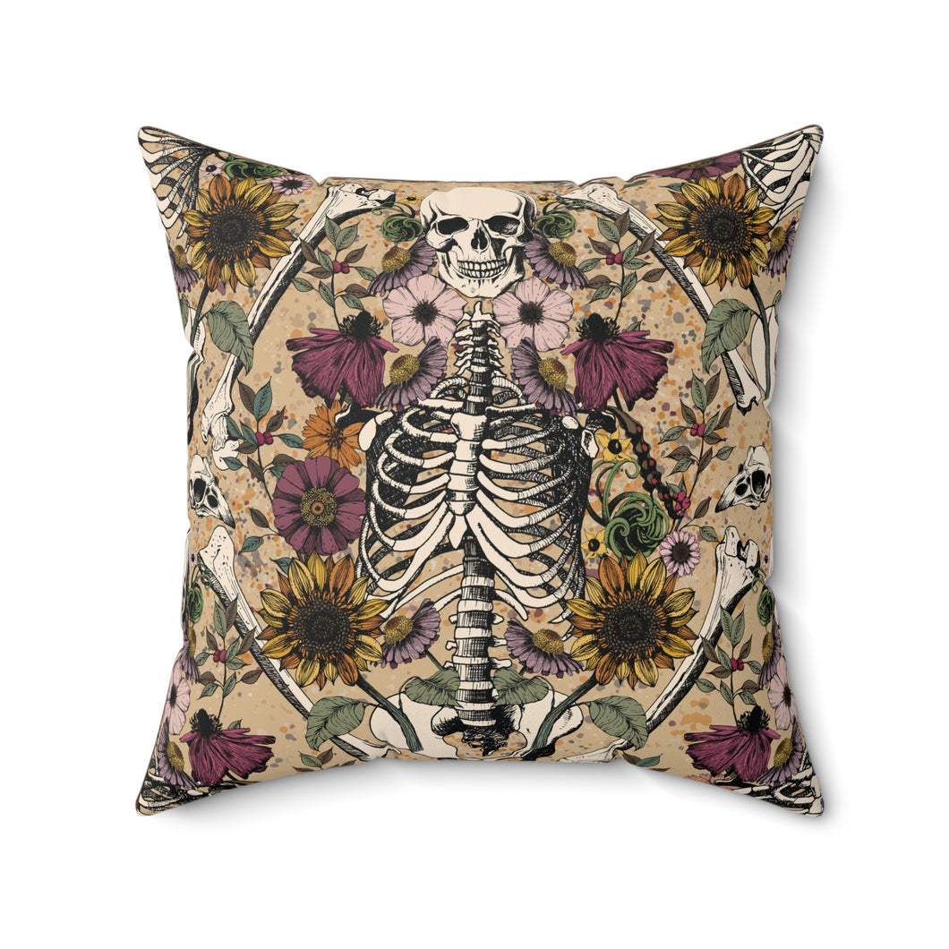 Square Pillow - Bone and Botanical Design, Delightfully Haunting