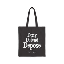 Load image into Gallery viewer, Deny Defend Depose Black Canvas Tote Bag (solid text)
