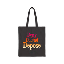 Load image into Gallery viewer, Deny Defend Depose Black Canvas Tote Bag (pink orange gradient)
