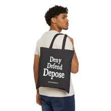 Load image into Gallery viewer, Deny Defend Depose Black Canvas Tote Bag (solid text)
