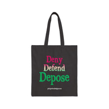 Load image into Gallery viewer, Canvas Tote Bag - Deny Defend Depose Black (pink green gradient)
